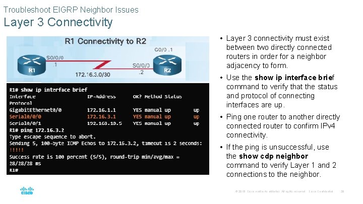 Troubleshoot EIGRP Neighbor Issues Layer 3 Connectivity • Layer 3 connectivity must exist between