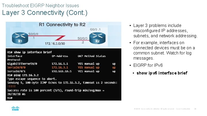 Troubleshoot EIGRP Neighbor Issues Layer 3 Connectivity (Cont. ) • Layer 3 problems include