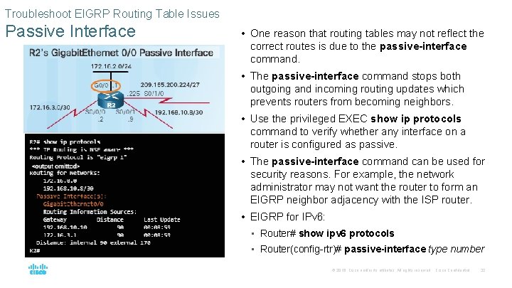 Troubleshoot EIGRP Routing Table Issues Passive Interface • One reason that routing tables may