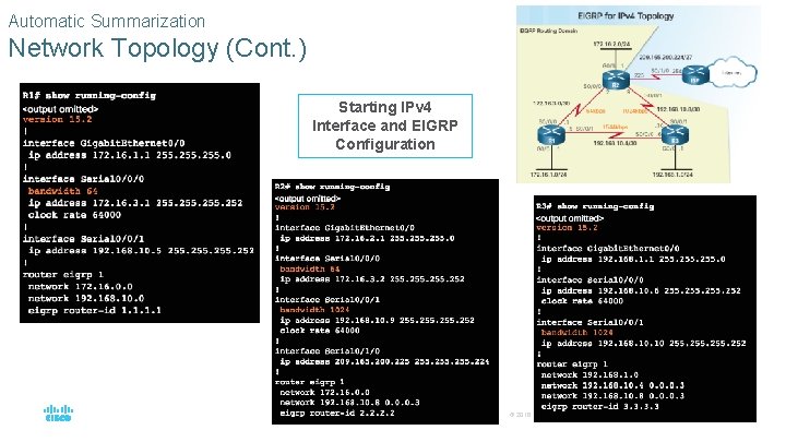 Automatic Summarization Network Topology (Cont. ) Starting IPv 4 Interface and EIGRP Configuration ©