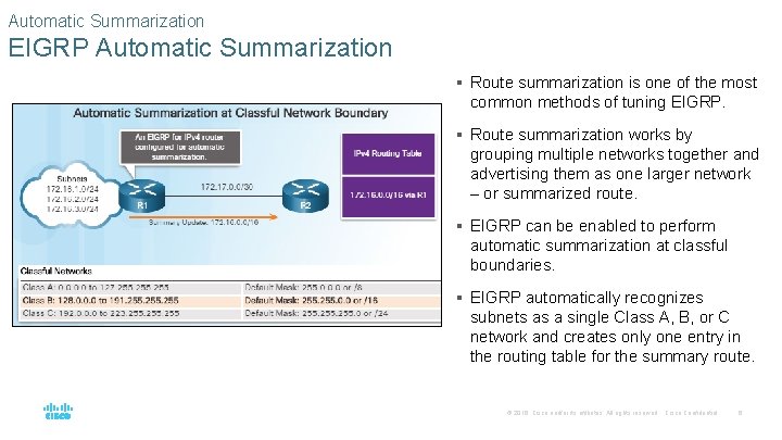 Automatic Summarization EIGRP Automatic Summarization § Route summarization is one of the most common