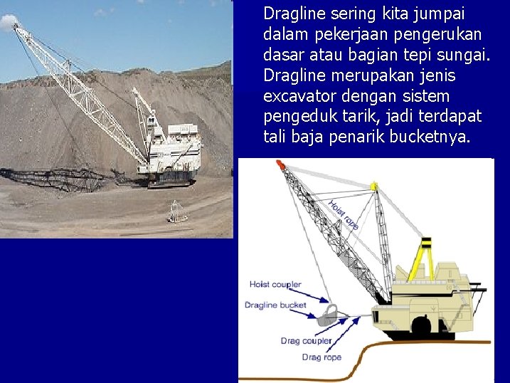 Dragline sering kita jumpai dalam pekerjaan pengerukan dasar atau bagian tepi sungai. Dragline merupakan