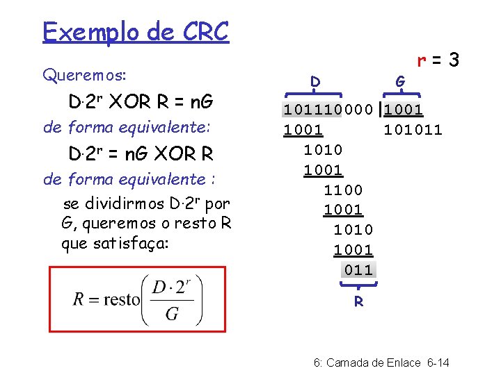 Exemplo de CRC Queremos: D. 2 r XOR R = n. G de forma