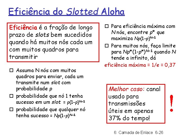 Eficiência do Slotted Aloha Eficiência é a fração de longo prazo de slots bem