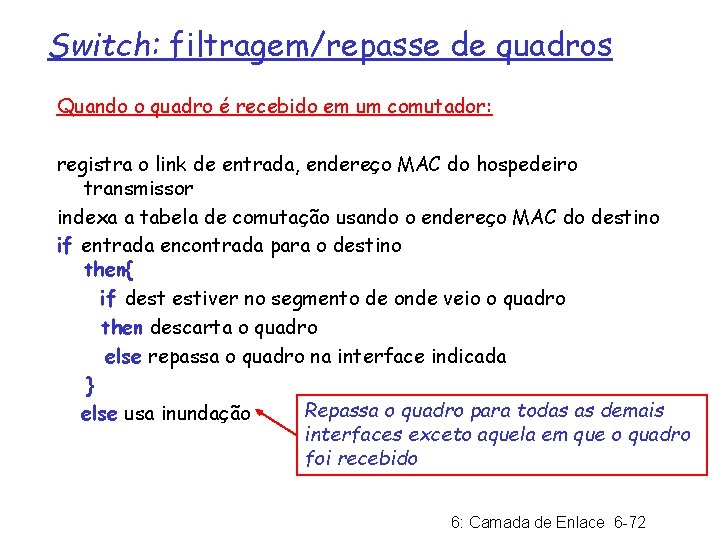 Switch: filtragem/repasse de quadros Quando o quadro é recebido em um comutador: registra o