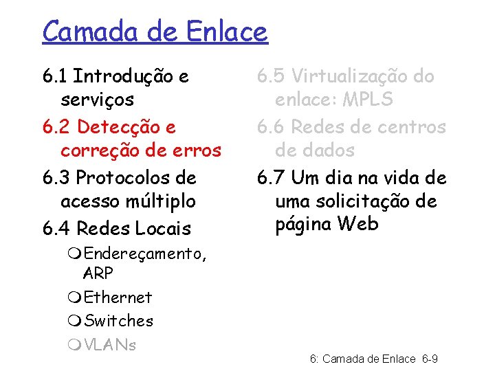 Camada de Enlace 6. 1 Introdução e serviços 6. 2 Detecção e correção de