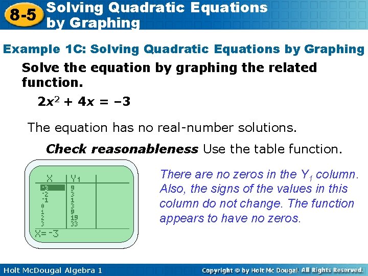 Solving Quadratic Equations 8 -5 by Graphing Example 1 C: Solving Quadratic Equations by