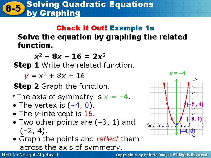 Solving Quadratic Equations 8 -5 by Graphing Check It Out! Example 1 a Solve
