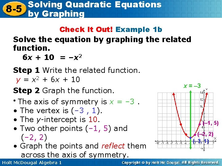 Solving Quadratic Equations 8 -5 by Graphing Check It Out! Example 1 b Solve