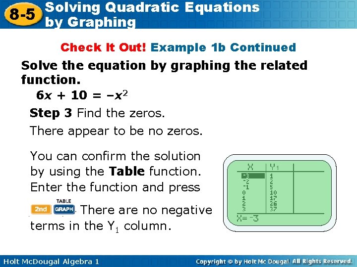 Solving Quadratic Equations 8 -5 by Graphing Check It Out! Example 1 b Continued