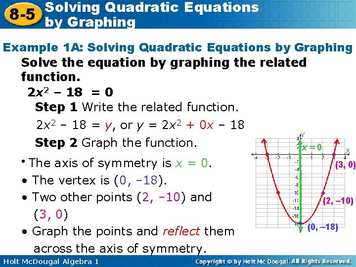 Solving Quadratic Equations 8 -5 by Graphing Example 1 A: Solving Quadratic Equations by