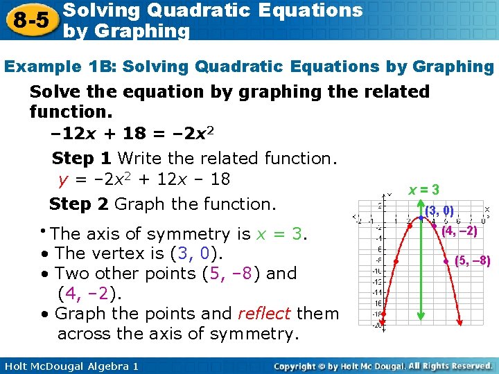 Solving Quadratic Equations 8 -5 by Graphing Example 1 B: Solving Quadratic Equations by
