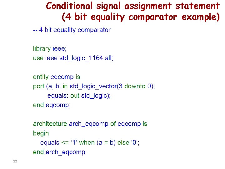 Conditional signal assignment statement (4 bit equality comparator example) 22 