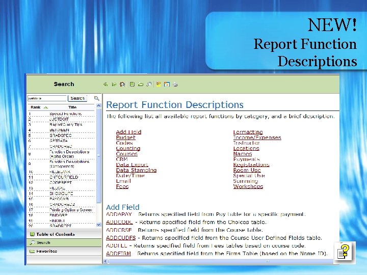 NEW! Report Function Descriptions 