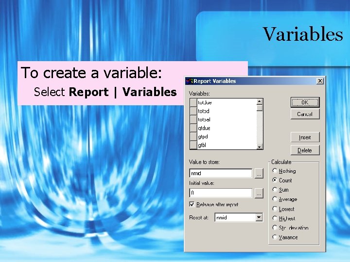 Variables To create a variable: Select Report | Variables 