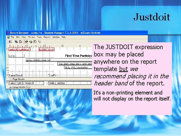 Justdoit The JUSTDOIT expression box may be placed anywhere on the report template but