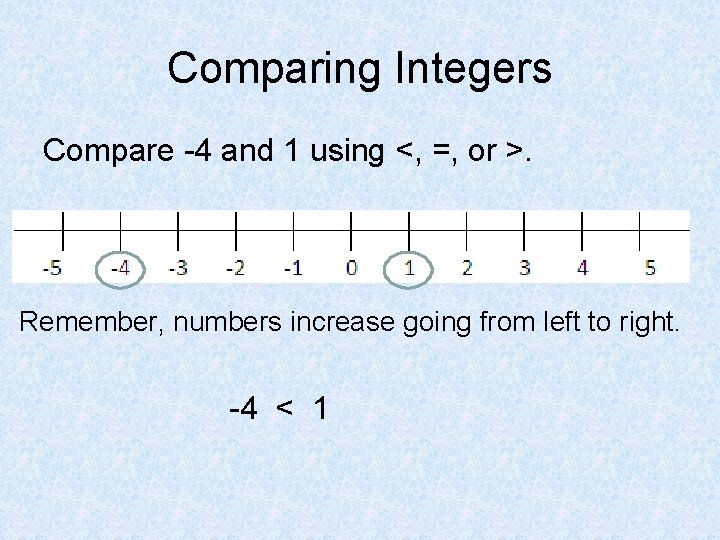 Comparing Integers Compare -4 and 1 using <, =, or >. Remember, numbers increase