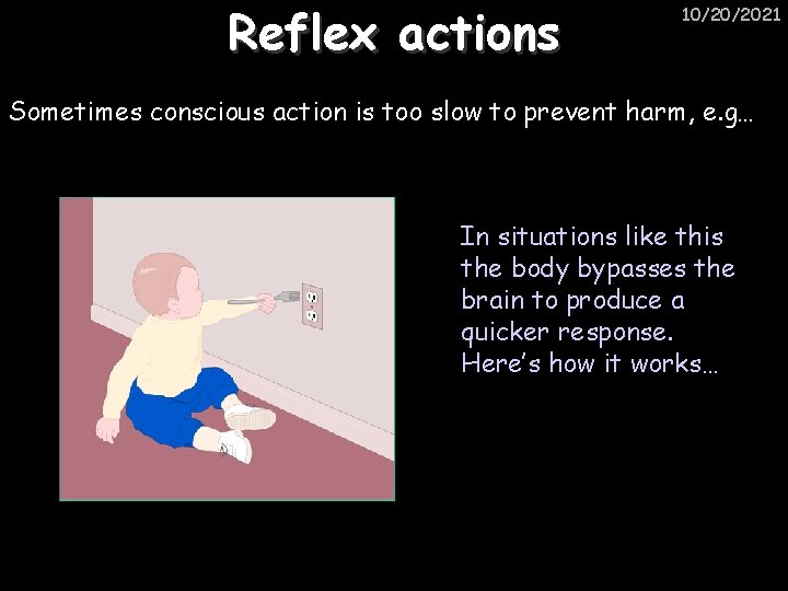 Reflex actions 10/20/2021 Sometimes conscious action is too slow to prevent harm, e. g…