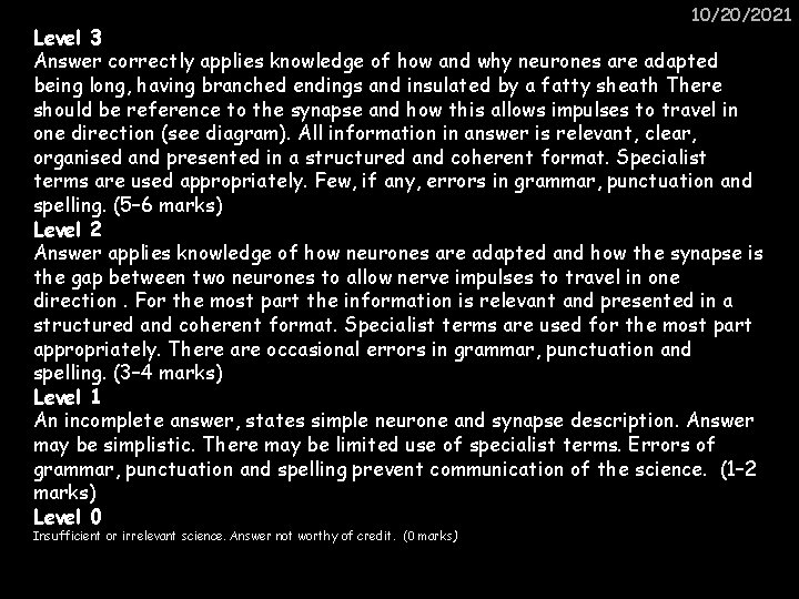 10/20/2021 Level 3 Answer correctly applies knowledge of how and why neurones are adapted