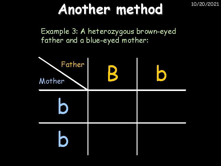 Another method Example 3: A heterozygous brown-eyed father and a blue-eyed mother: B b