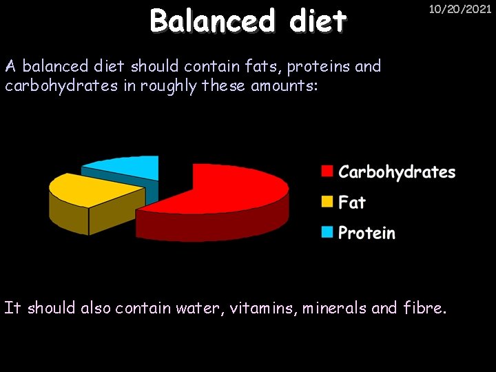 Balanced diet 10/20/2021 A balanced diet should contain fats, proteins and carbohydrates in roughly