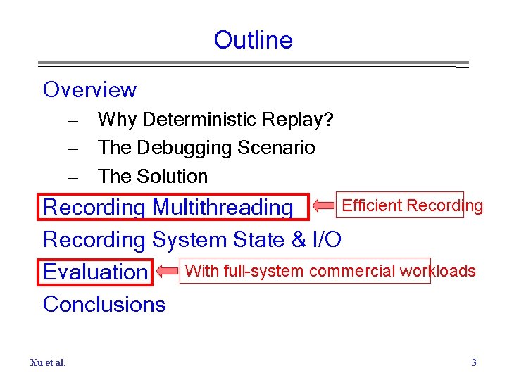 Outline Overview – Why Deterministic Replay? – The Debugging Scenario – The Solution Efficient