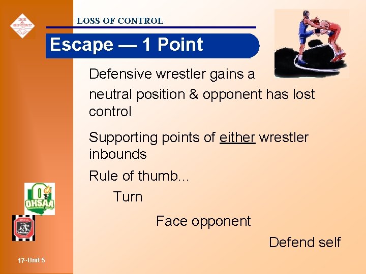 LOSS OF CONTROL Escape — 1 Point Defensive wrestler gains a neutral position &