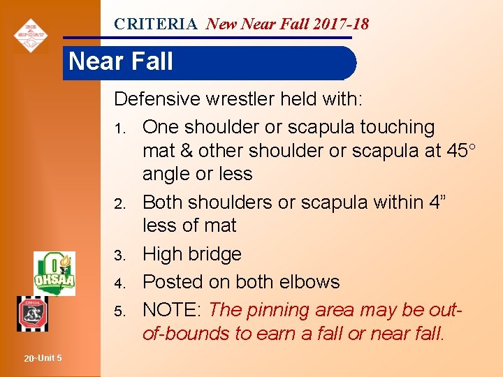 CRITERIA New Near Fall 2017 -18 Near Fall Defensive wrestler held with: 1. One