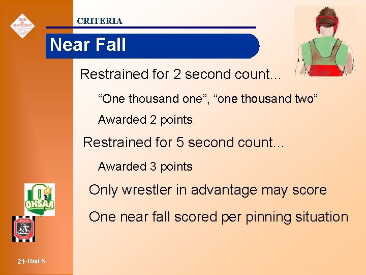 CRITERIA Near Fall Restrained for 2 second count… “One thousand one”, “one thousand two”