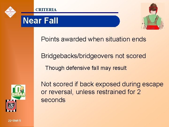 CRITERIA Near Fall Points awarded when situation ends Bridgebacks/bridgeovers not scored Though defensive fall