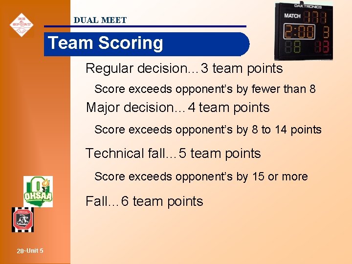 DUAL MEET Team Scoring Regular decision… 3 team points Score exceeds opponent’s by fewer