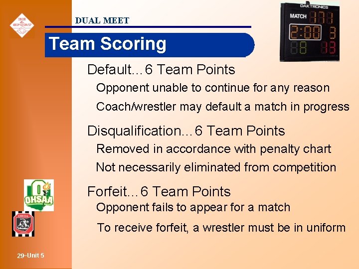 DUAL MEET Team Scoring Default… 6 Team Points Opponent unable to continue for any