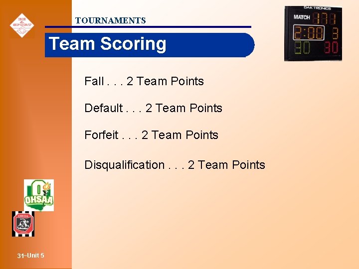TOURNAMENTS Team Scoring Fall. . . 2 Team Points Default. . . 2 Team