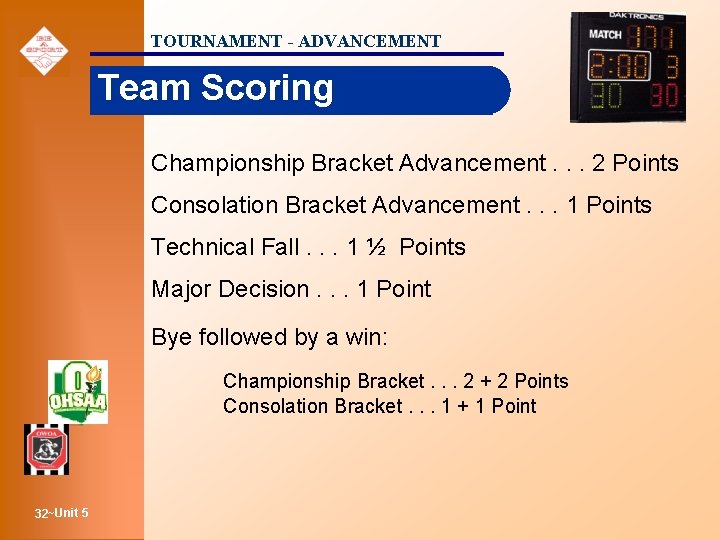 TOURNAMENT - ADVANCEMENT Team Scoring Championship Bracket Advancement. . . 2 Points Consolation Bracket