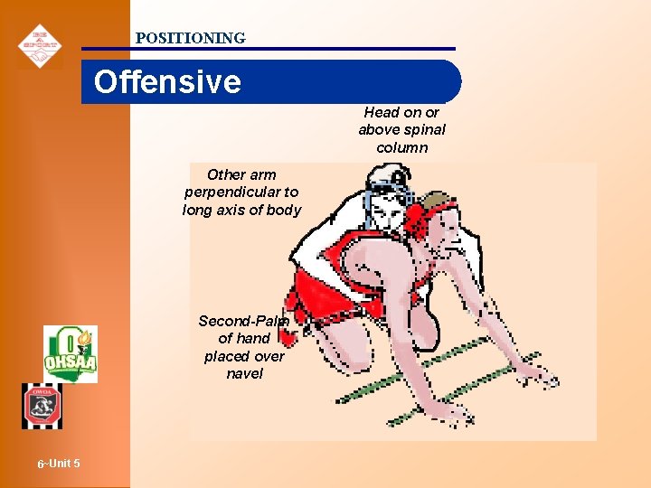 POSITIONING Offensive Head on or above spinal column Other arm perpendicular to long axis