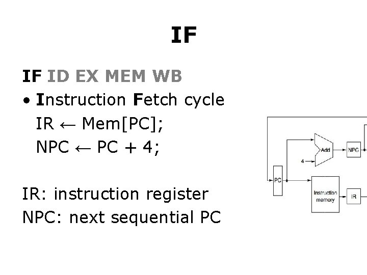 IF IF ID EX MEM WB • Instruction Fetch cycle IR ← Mem[PC]; NPC
