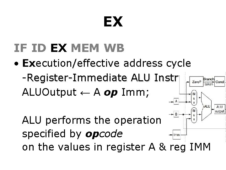 EX IF ID EX MEM WB • Execution/effective address cycle -Register-Immediate ALU Instr ALUOutput
