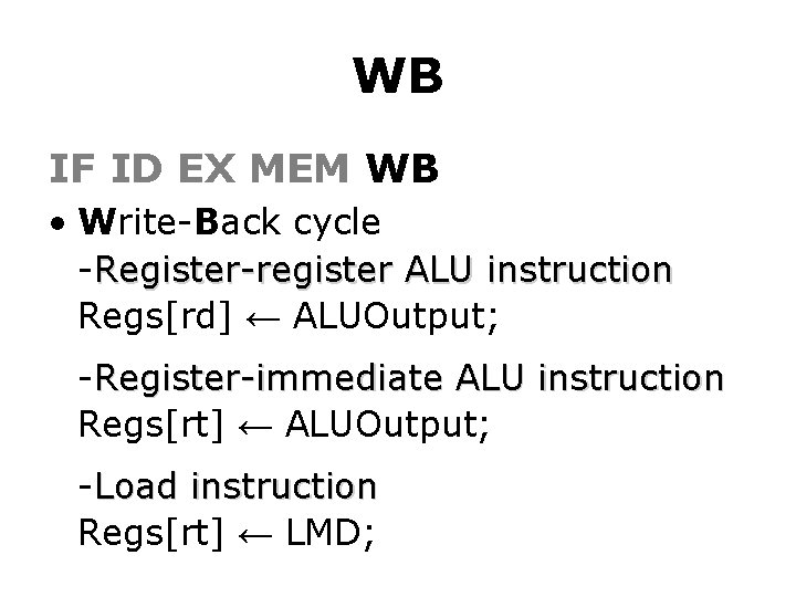 WB IF ID EX MEM WB • Write-Back cycle -Register-register ALU instruction Regs[rd] ←