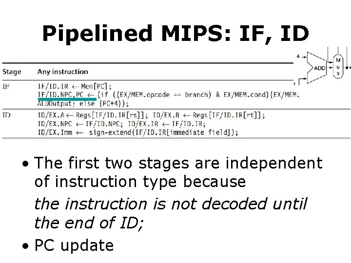 Pipelined MIPS: IF, ID • The first two stages are independent of instruction type