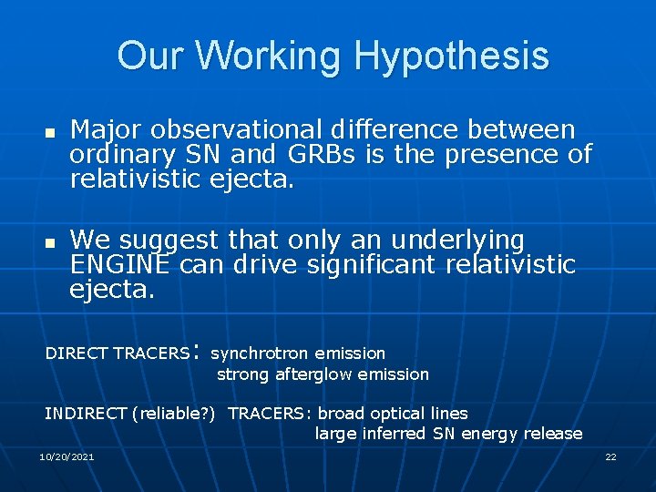Our Working Hypothesis n n Major observational difference between ordinary SN and GRBs is