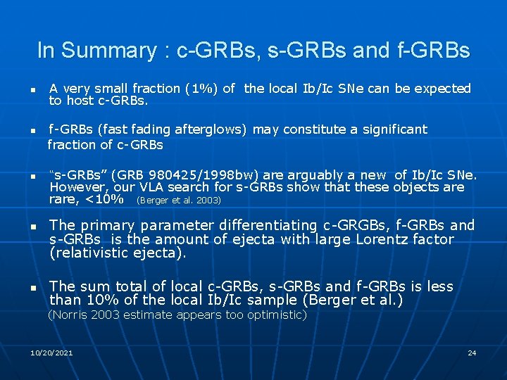 In Summary : c-GRBs, s-GRBs and f-GRBs n n n A very small fraction