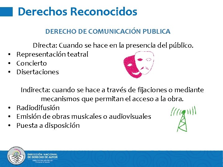 Derechos Reconocidos DERECHO DE COMUNICACIÓN PUBLICA Directa: Cuando se hace en la presencia del