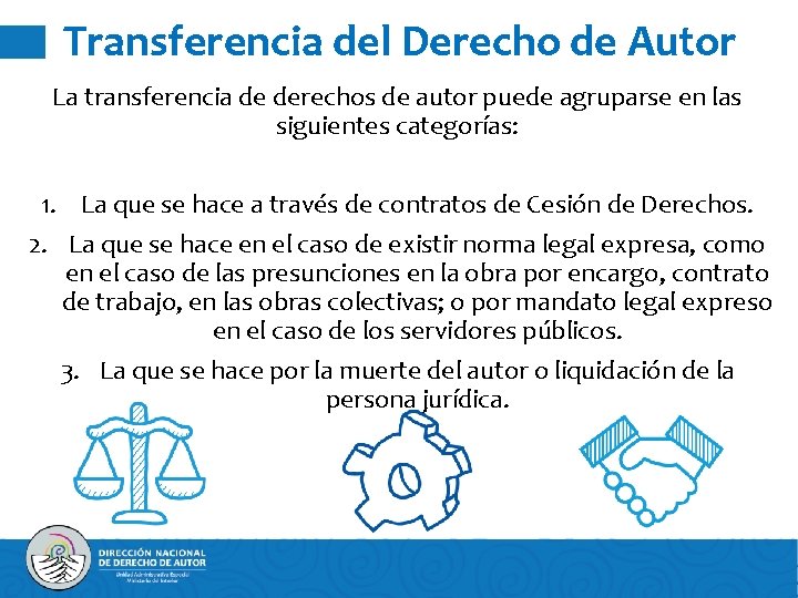 Transferencia del Derecho de Autor La transferencia de derechos de autor puede agruparse en