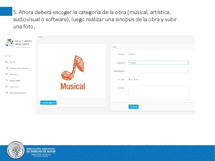 5. Ahora deberá escoger la categoría de la obra (musical, artística, audiovisual o software),