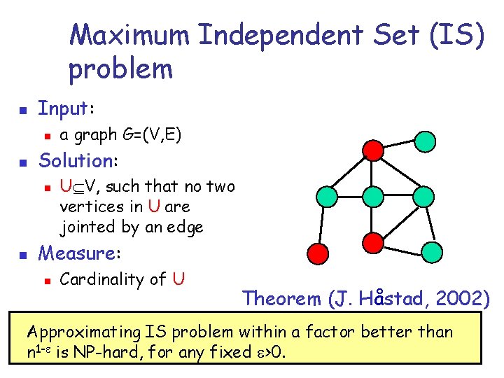 Maximum Independent Set (IS) problem n Input: n n Solution: n n a graph