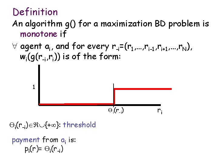 Definition An algorithm g() for a maximization BD problem is monotone if agent ai,