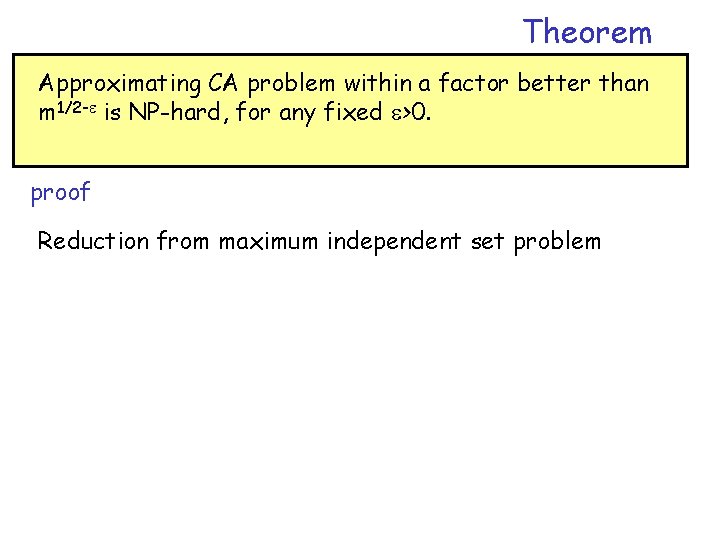 Theorem Approximating CA problem within a factor better than m 1/2 - is NP-hard,
