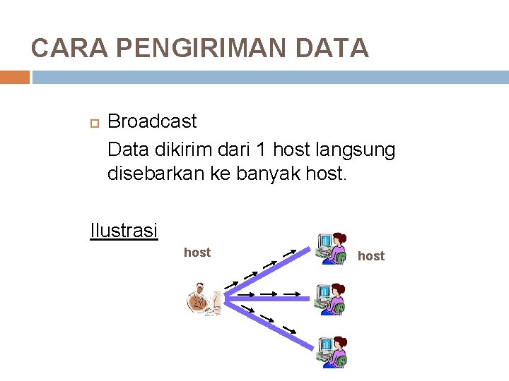 CARA PENGIRIMAN DATA Broadcast Data dikirim dari 1 host langsung disebarkan ke banyak host.
