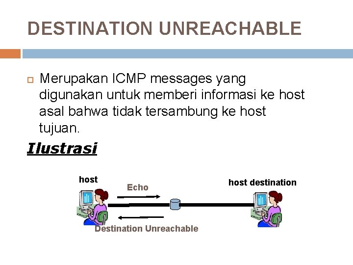 DESTINATION UNREACHABLE Merupakan ICMP messages yang digunakan untuk memberi informasi ke host asal bahwa