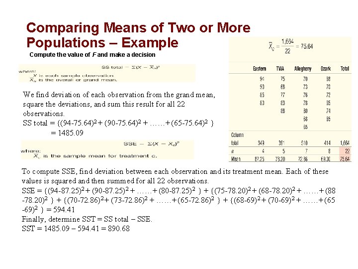 Comparing Means of Two or More Populations – Example Compute the value of F